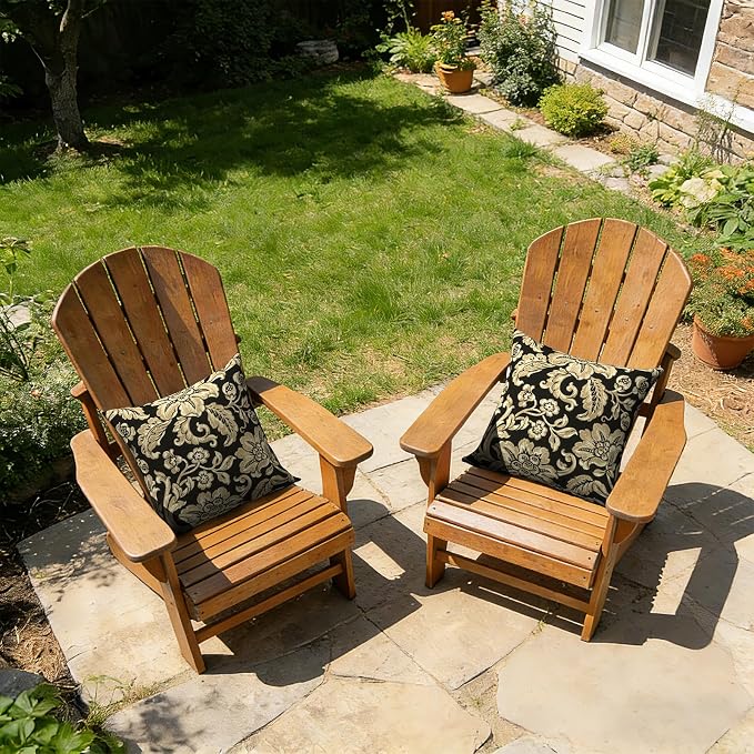Outdoor Pillows with Insert 16x16 Inch, Waterproof Throw Pillow for Patio Furniture, Decorative Back Cushion for Garden Home Sofa Office Chair, Set of 2, Jacobean Black