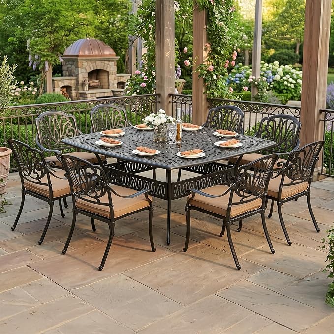 VIVIJASON 64" Patio Dining Table for 8, Large Square Cast Aluminum Dining Table with 2.2" Umbrella Hole, Weather-Resistant Patio Dining Table for Deck Garden Backyards, Dark Bronze