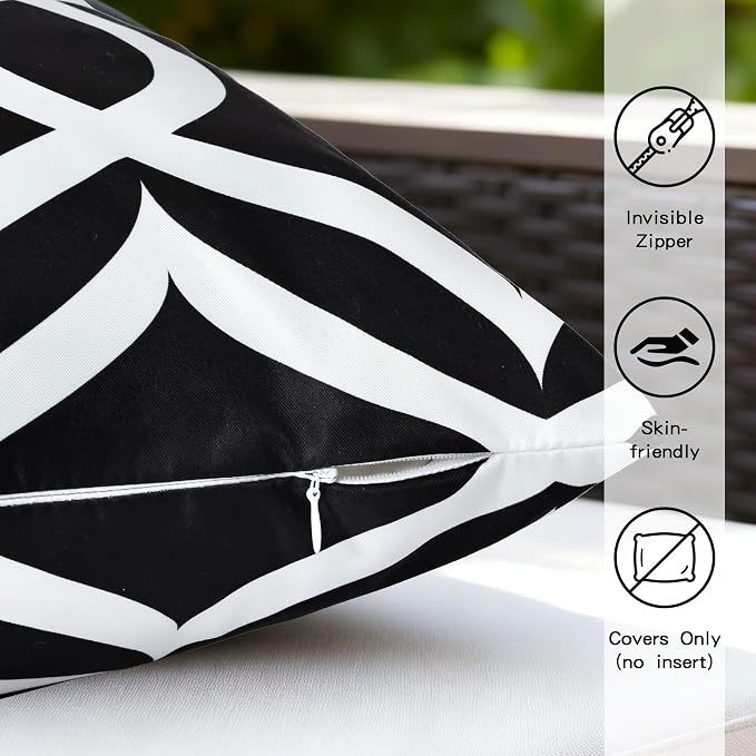 Geometric Outdoor Waterproof Throw Pillow Covers 18"x18" Set of 2 | Abstract Decorative Pillow Cover, Boho Square Cushion Cases for Garden Patio Tent Balcony Bench Couch Sofa, Black & White