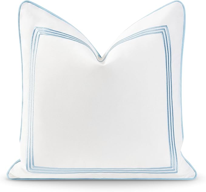 Hofdeco Premium Coastal Hampton Style Patio Indoor Outdoor Pillow Cover Only, 20"x20" Water Resistant for Backyard, Couch, Baby Blue Embroidered Square Line