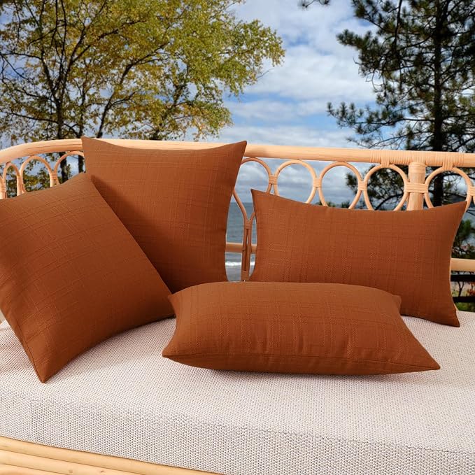 Kevin Textile Outdoor Waterproof 22”x22” Pillow Covers 2 Pack, Burnt Orange | Water Resistant, Soft Faux Linen-cotton Yarn-dyed Woven Texture Throw Pillow Covers for Tent Patio Garden Couch Sofa
