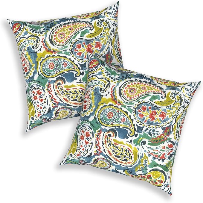 Outdoor 20x20 Inch Pack of 2 Patio Throw Pillow Covers ONLY, Water Repellent Cushion Cases, Square Pillowcases for Outdoor Couch Decoration, Paradise Paisley