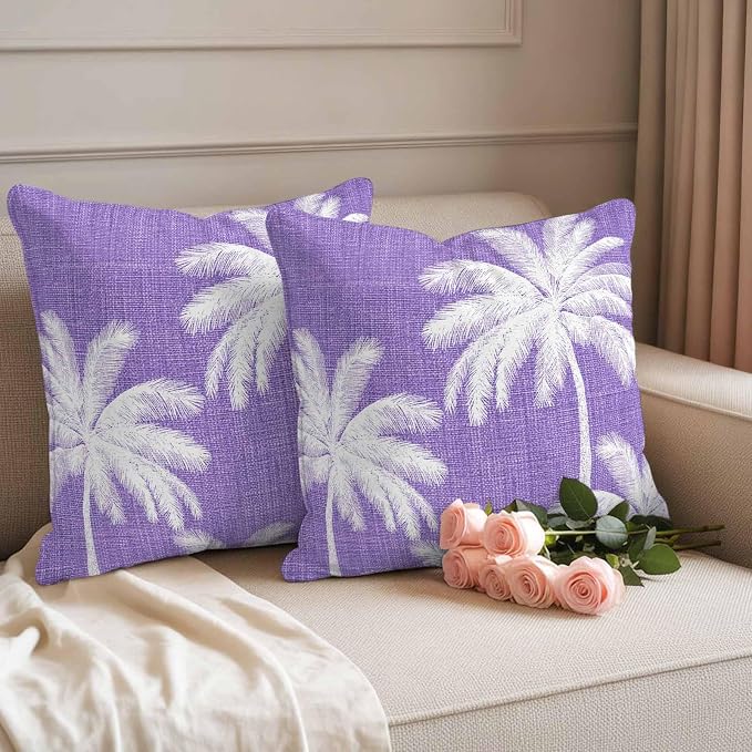 Outdoor Pillow Covers 26x26 Inch Set of 2, Purple Palm Trees Waterproof Throw Pillow Covers, Farmhouse Tropical Summer Beach Decorative Cushion Pillowcases for Couch, Sofa, Bed, Garden, Patio