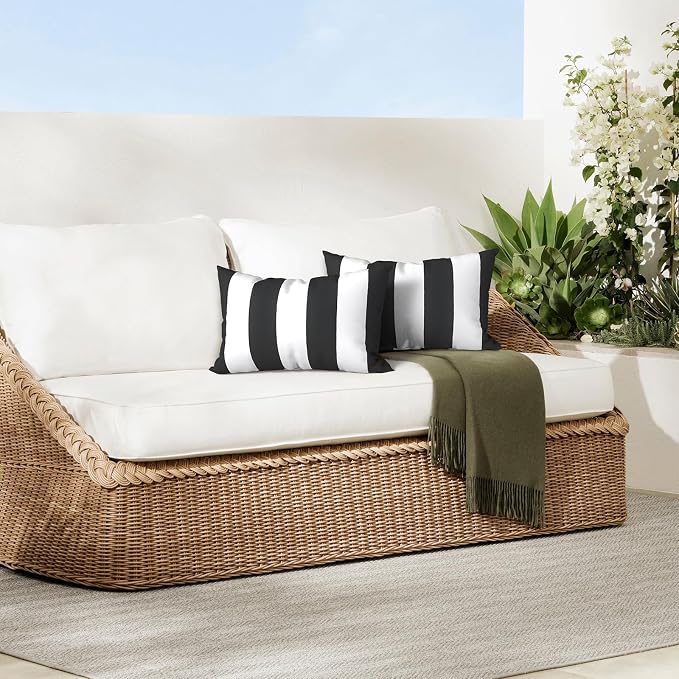 DYTXIII Pack of 2 Outdoor Waterproof Lumbar Pillow Covers ONLY, 12x20 Rectangle Decorative Double Printed Pillow Cases for Patio Couch Porch Furniture - Cabana Black