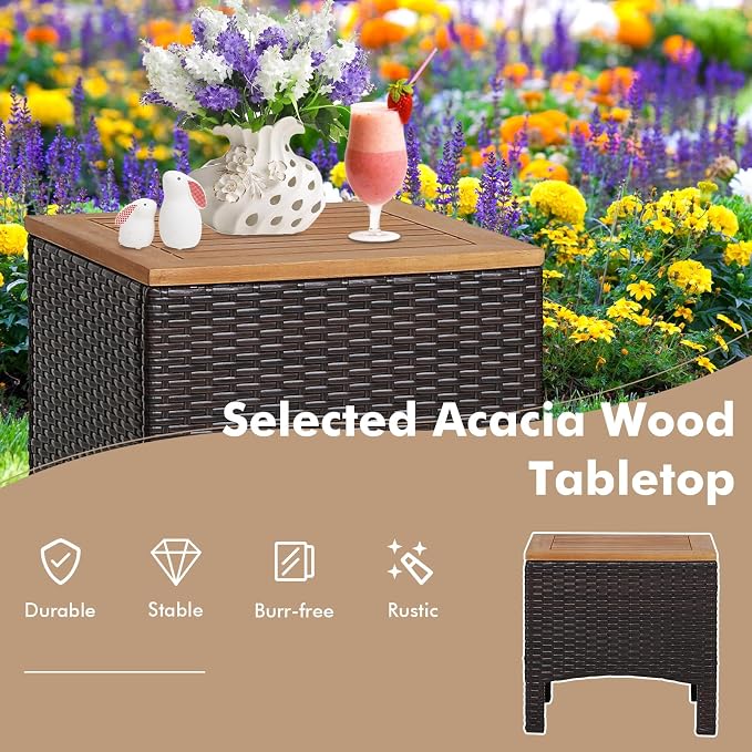 HAPPYGRILL 3 Pieces Patio Rattan Conversation Set, Outdoor PE Wicker Furniture Set with Coffee Table, Soft Seat Cushions & Throw Pillows, Acacia Wood Sofa Set for Patio Courtyard Poolside, Beige
