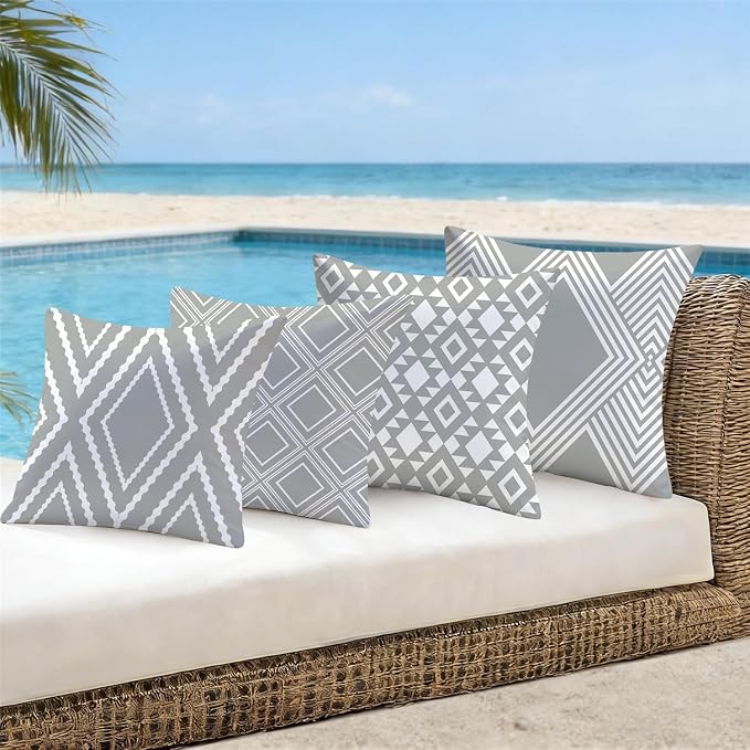 NIGHTWISH Outdoor Waterproof Pillow Covers 20x20 Set of 4 Gray Modern Geometry Decorative Outdoor Throw Pillows Boho Cushion Cases for Patio Furniture Bench Couch Sunbrella