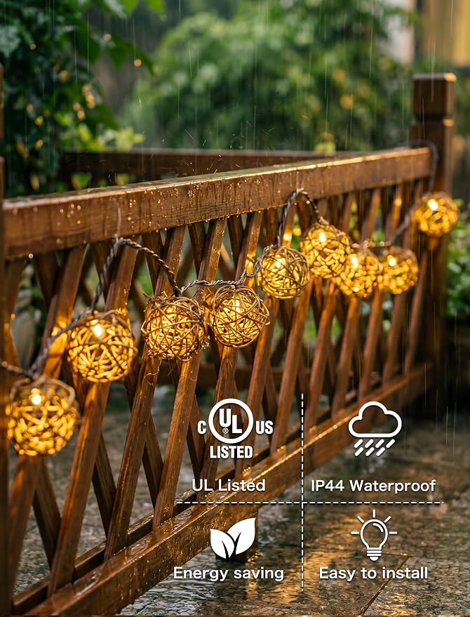Rattan Ball String Lights, Handmade Boho Wicker Vine Lantern Lights with 10 LED Bulbs, 8.5FT Connectable Indoor Outdoor String Light Plug in for Bedroom X-mas Wedding Garden Party Decor