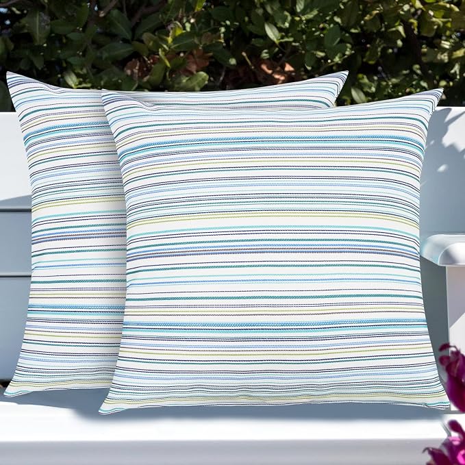 Throw Pillow Covers Set of 2, Outdoor Indoor Waterproof Decorative Patio Throw Pillowcase Shell 18x18 Inch, Square Cushion Case for Couch Sofa Garden Farmhouse Decoration-Blue Stripe