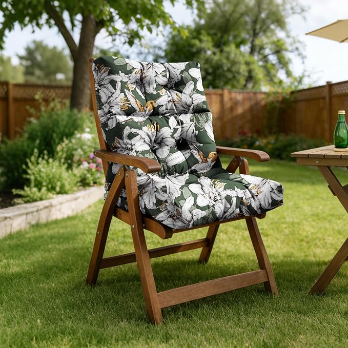 Tufted High Back Adirondack Chair Cushion 45"x21"x4",Floral | Patterned outdoor cushion with ties; premium padded design fits garden rocking chairs, multiple color options available