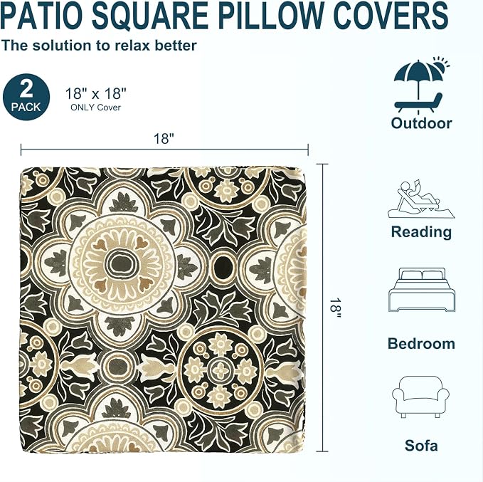 DYTXIII Pack of 2 Outdoor Waterproof Pillow Covers ONLY, 18"x18" Square Decorative Double Printed Throw Pillow Cases for Patio Couch Porch Furniture, Vintage Medallion