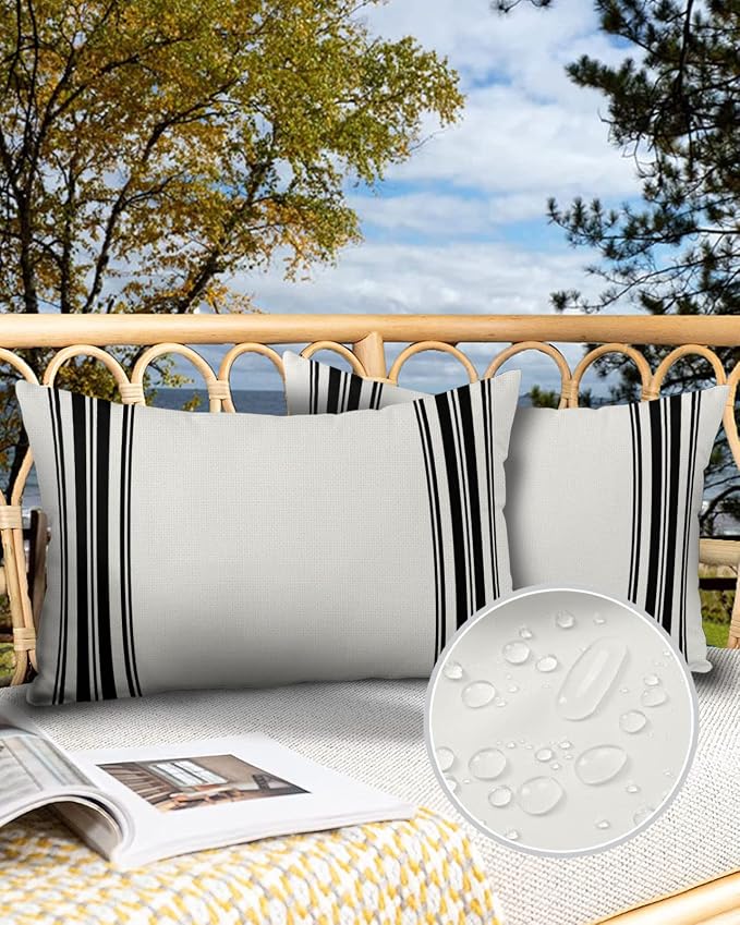 Outdoor Waterproof Pillow Covers for Patio Furniture Black Ticking Vertically Stripe Decorative Throw Pillow Cover Simple Style White Pillowcases Set of 2 Cushion Case for Sofa Couch Chair 20 x 12 In