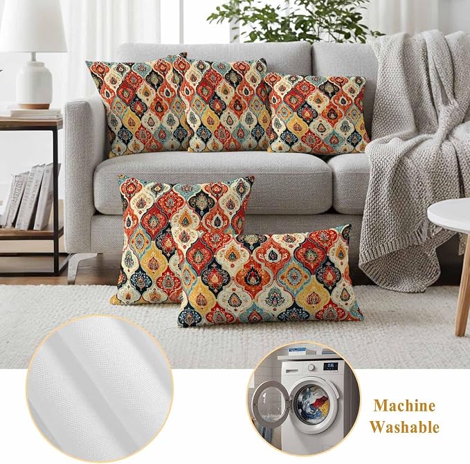 Bohemian Floral Outdoor Pillow Covers 24"x24" Set of 2, Moroccan Exotic Colored Floral Waterproof Throw Pillow Covers for Patio Furniture, Decorative Cushion Covers for Porch