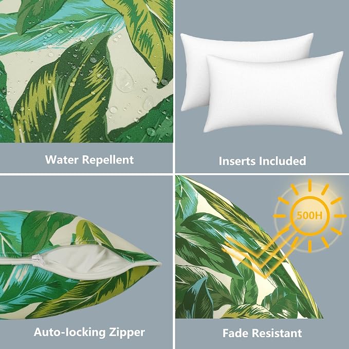 LVTXIII 2 Pack Outdoor Lumbar Pillows 12x20 Inch with White Piping, Fade Resistant Support Throw Pillows with Inserts for Patio Furniture, Sofa, Chair, Lush Leaf Jungle