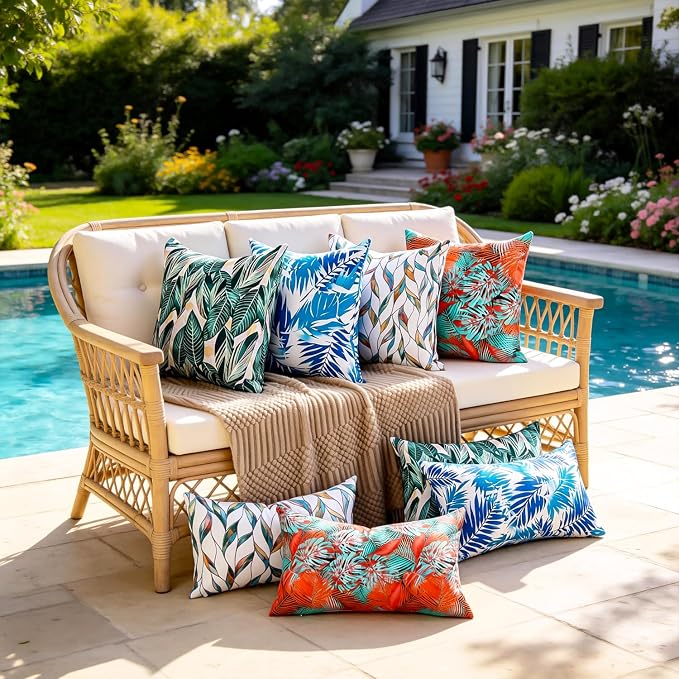 Decorative Waterproof Lumbar Pillow Covers Green Tropical Leaf Outdoor Throw Pillow Covers Summer Accent Couch Covers Garden Cushion Cases 12x20 Set of 2 for Patio Tent Bench Balcony Furniture Sofa