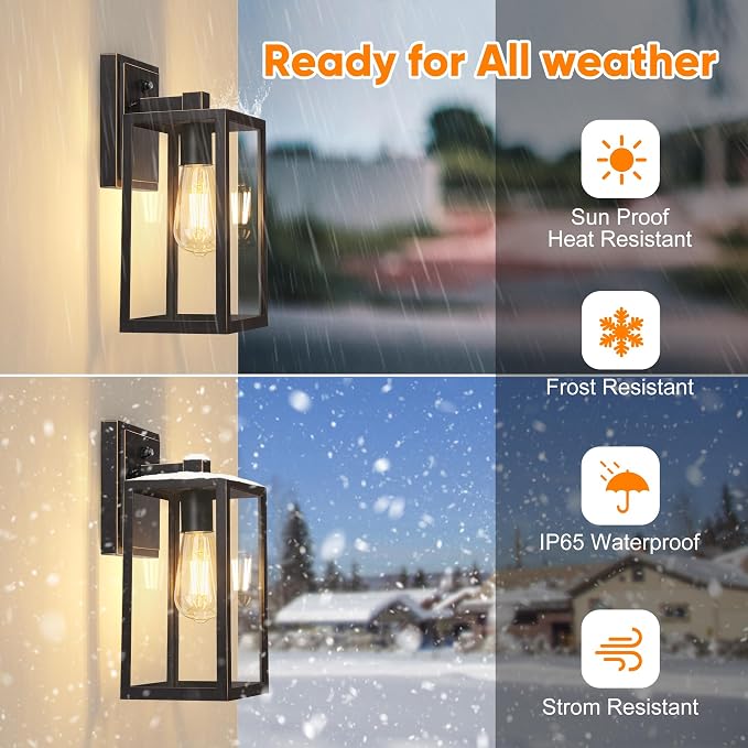Black Exterior Light Fixtures Wall Mount with Gold Rim, Dusk to Dawn Outdoor Porch Lights Lamp, Sensor Wall Sconce, Waterproof Outdoor Lantern for House Doorway, Garage 2 Pack