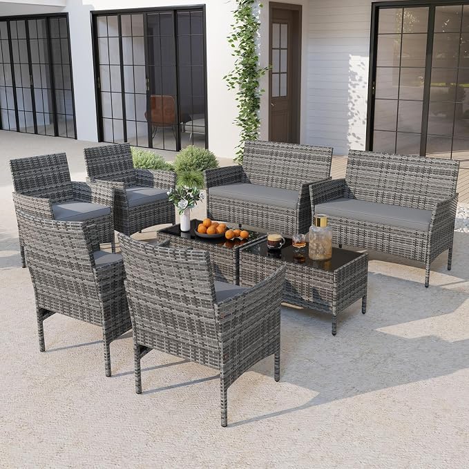 HAPPYGRILL 8 Pieces Outdoor Rattan Conversation Set, Patio Wicker Furniture Set with Loveseat Chairs & Tempered Glass Coffee Table, Outside Sectional Sofa Set for Backyard Garden Poolside, Gray