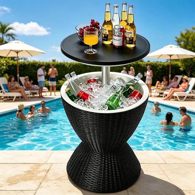 Tangkula Outdoor Cooler Table, Multi-Functional Cooler Bar Table, Adjustable Height Ice Cooler Side Table w/Drain Plug, 8 Gallon Beer & Wine Cooler, Rattan Style Patio Furniture for Pool Parties
