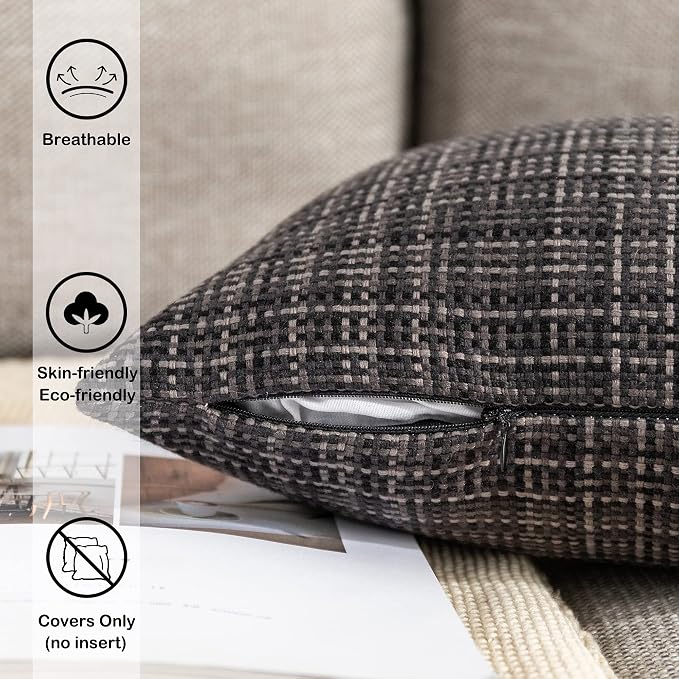 Kevin Textile Outdoor Waterproof 18x18 Inch Pillow Covers 2 Pack, Black | Water Resistant, Faux Linen Yarn-dyed, Woven Texture Throw Pillow Covers for Tent Patio Garden Couch Sofa