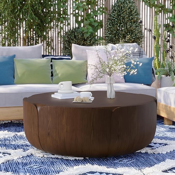 36" Round Outdoor Coffee Table Brown Waterproof Sturdy MGO Wood Texture Grain Drum Center Table for Patio Garden Backyard Living Room, No-Assembly