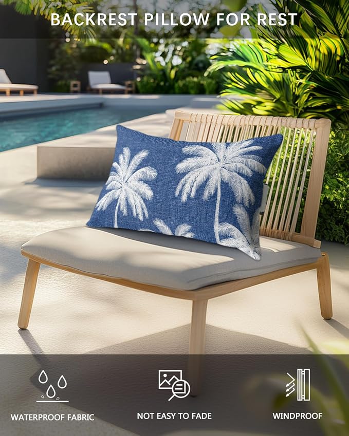 Pack of 2 Outdoor Lumbar Pillow Covers 11x16 Inch, Navy Blue Palm Trees Waterproof Throw Pillow Covers Set, Farmhouse Tropical Summer Beach Indoor&Outdoor Decorative Cushion Cases for Patio Porch Car