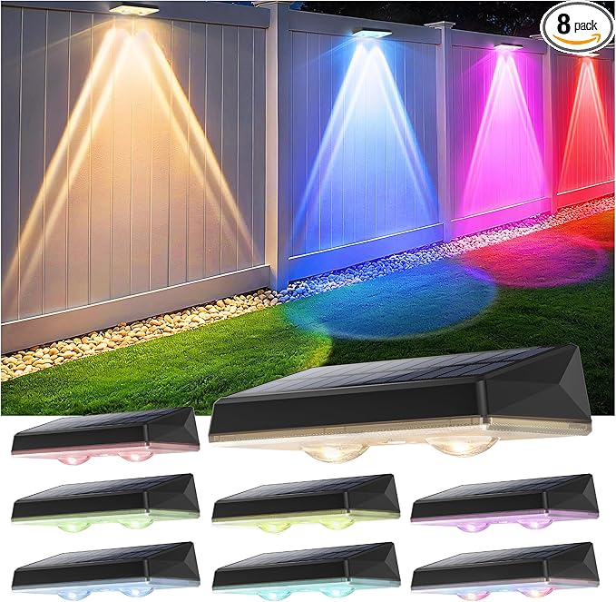 Solar Fence Lights Outdoor - 8 Pack RGB Fence Lights Solar Powered, 7 Color Modes & Warm White, IP67 Waterproof Dusk to Dawn Solar Powered Lights 12+ Hours for Fence/Backyard/Wall/Step/Patio/Deck