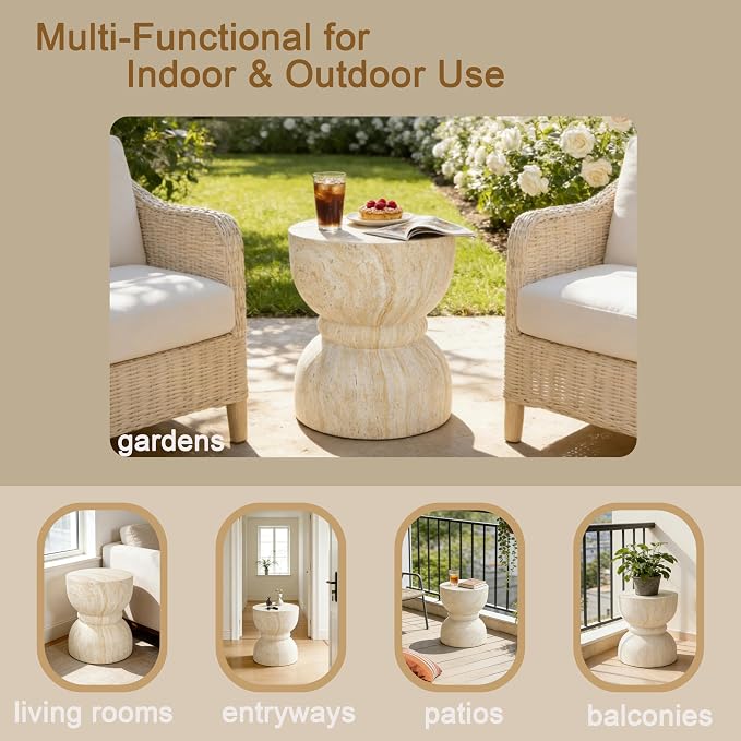 Outdoor Concrete Rounded Waist Outdoor Side End Tables, Decorative Garden Stools for Indoor Imitation Natural Stone Texture Patio Accent Side Table