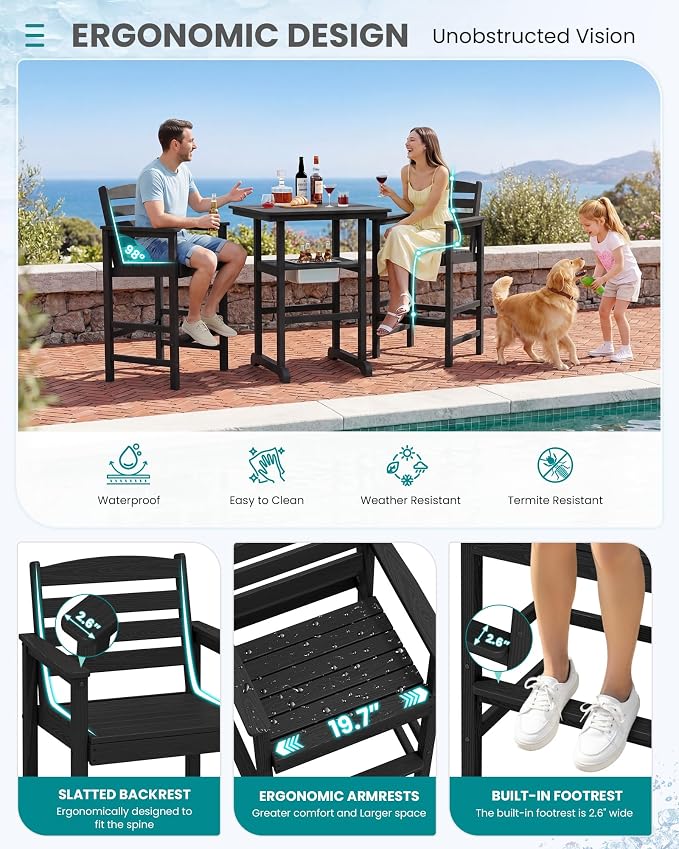 SERWALL Adirondack Bar Chairs and Table 3 Pieces Set with Umbrella, HDPE Bar Height Chairs Set of 2 and Bar Table with Ice Bucket, Outdoor Bar Stools Set for Balcony, Poolside, Backyard, Black