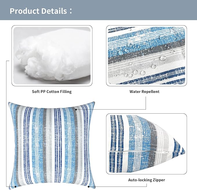 Outdoor Pillows for Patio Furniture 20x20 inch, Square Outdoor Throw Pillows with Inserts, Decorative Patio Pillows for Garden Couch Home Sofa Office Chair, Pack of 2, Stripe Layered Blue