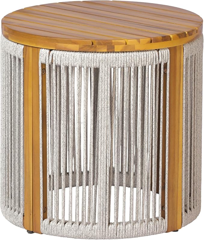 Christopher Knight Home Kimmy Outdoor Side Table with Rope Accent, Acacia Wood Coffee Table, Patio Round Side Table, Weather Resistant Accent Table for Outdoor Patio Furniture Set, Light Grey + Teak