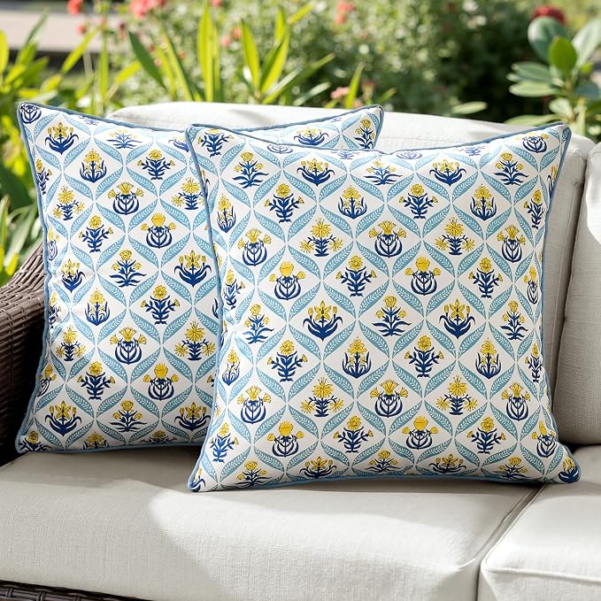 ANRODUO Floral Outdoor Waterproof Pillow Covers Set of 2 Yellow 16x16 Inch | Square Block Print Decorative Cushion Cases With Refined Edge Piping for Summer Patio Porch Garden Couch Sofa Bench Decor