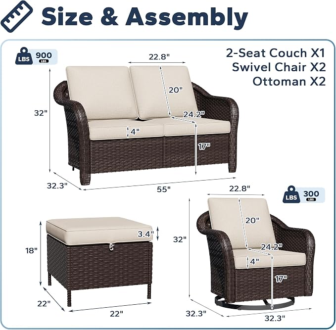 5 PCS Outdoor Conversation Set | 55" Couch, 2 Swivel Chairs, 2 Ottomans, Patio Wicker Conversation Furniture with Removable Cushions for Bistro, Deck, Sunroom (Beige)