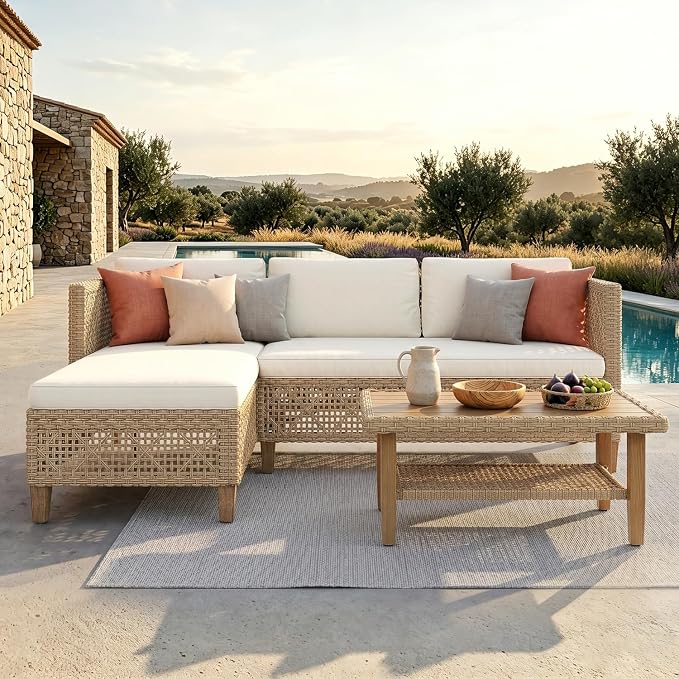 Sophia & William Outdoor Rattan Sofa Set with Thick Cushions & Coffee Table, Weather-Resistant Patio Furniture Set Sectional Couch for Patio Backyard Deck(Beige)