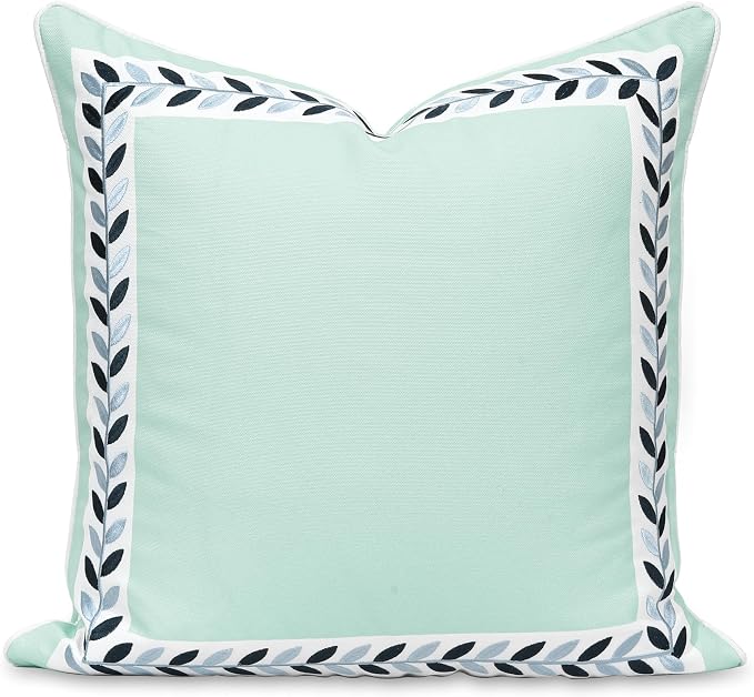 Hofdeco Premium Coastal Patio Indoor Outdoor Throw Pillow Cover Only, 20"x20" Water Repellent for Backyard, Couch, Aqua Embroidered Frame Leafs with Piping