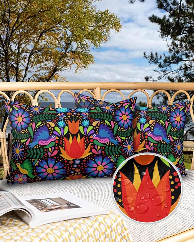 Outdoor Waterproof Throw Pillow Covers Set of 2 Colorful Mexican Floral Lumbar Pillowcases 20x12 Inches Bird Rustic Assorted Flower Decorative Pillows Cushion Case Patio Pillows for Couch Bed Chair