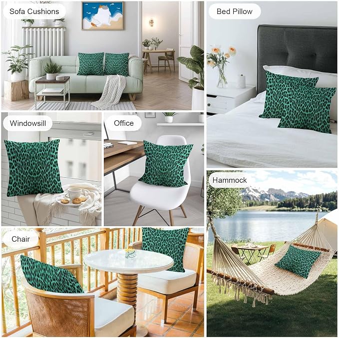 Vandarllin Outdoor Throw Pillows Covers 16x16 inch Set of 2 Waterproof Green Leopard Print Decorative Zippered Cushion Covers for Patio Furniture, Retro Animal Fur Pattern Lumbar Pillowcases