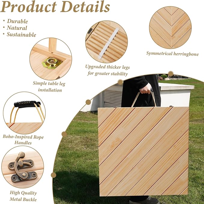 Wooden Folding Picnic Table - 60" x 30" Boho Low Picnic Table with Table Runner, Foldable Table for Indoor Outdoor Camping, Wedding, Beach, Garden, Party(Large Size for 6-8)