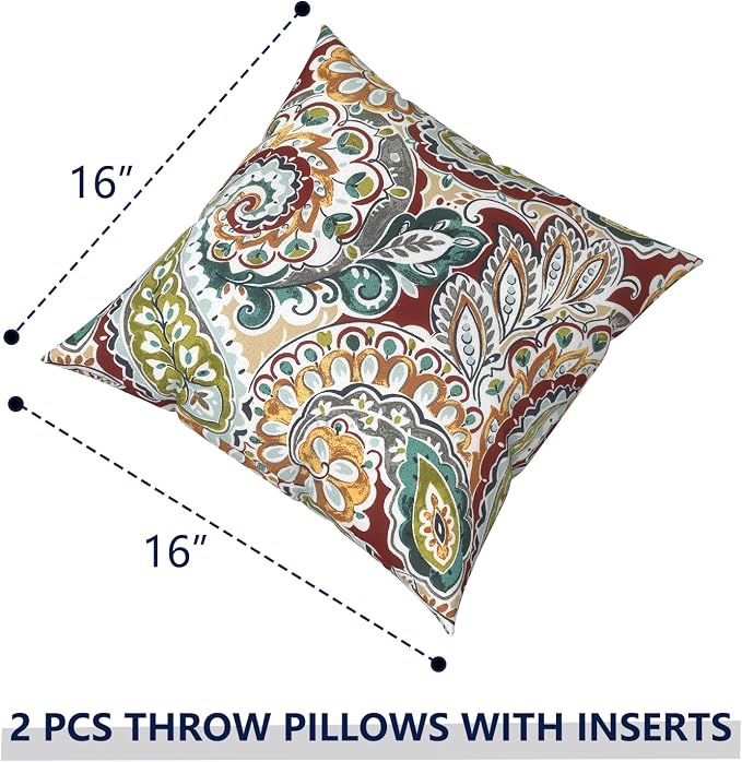 Outdoor Pillows with Insert 16x16 Inch, Waterproof Throw Pillow for Patio Furniture, Decorative Back Cushion for Garden Home Sofa Office Chair, Set of 2, Paisley Chilli