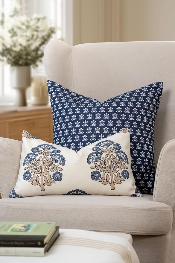 California Casual Coastal Indoor Outdoor Throw Pillow Cover, 22"x22" Water Repellent for Patio, Backyard, Couch, Poolside, Dark Navy Block Print Floral