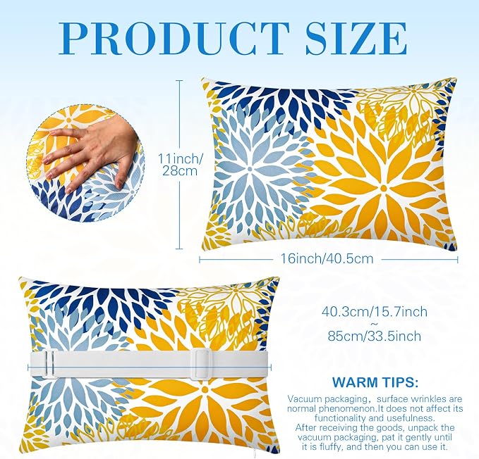 Lineshading 4 Pcs Chaise Lounge Pillow with Strap Outdoor Waterproof Pool Chair Neck Headrest Pillows with Adjustable Elastic Band for Beach Patio Chair Recliner(Yellow,Floral)