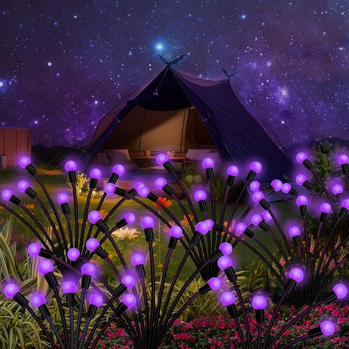 Kohlrabi Solar Garden Lights Outdoor, 6 Pack 48 LED Solar Purple Firefly Lights Waterproof, Sway by Wind, Halloween Swaying Light for Yard Patio Backyard Garden Planter Flower Bed Pathway Decoration