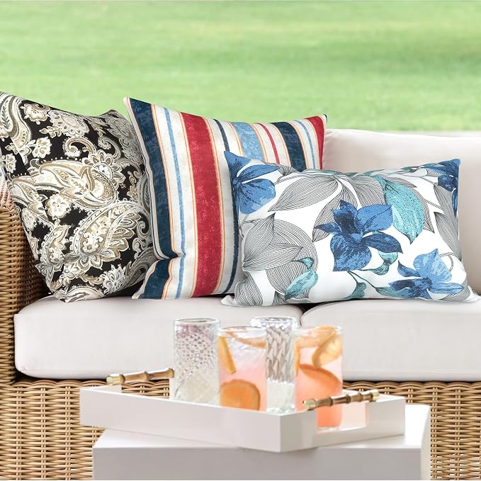 DYTXIII Pack of 2 Outdoor Waterproof Lumbar Pillow Covers ONLY, 12x20 Rectangle Decorative Double Printed Pillow Cases for Patio Couch Porch Furniture - Clemens Noir Blue