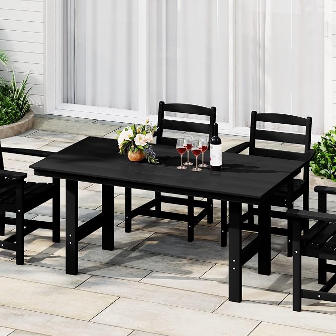 Costaelm Outdoor Patio Table, Outdoor Dining Table for 6, Weather Resistant Rectangle Patio Table with Umbrella Hole for Outside, Garden, Poolside, Porch, Black