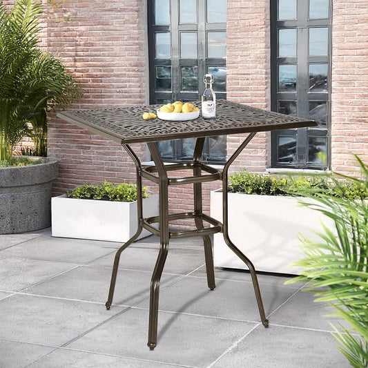 Outdoor Cast Aluminum Bar Table, 35.4" Patio Bar Height Table with 2.2" Umbrella Hole, All Weather High Top Bistro Square Dining Table for Outside Deck Porch Balcony Poolside, Dark Bronze