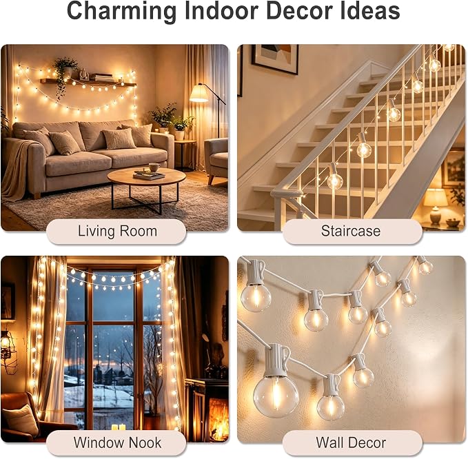 Outdoor-String-Lights with Remote 30FT Waterproof lights for Outside Patio | 12 inch Spacing,White Cord String Lights,Connectable Dimmable Patio Lights with Remote,Timer,3 Modes for Backyard, Bistro