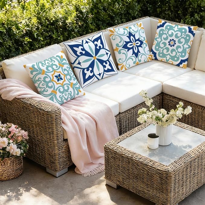 Outdoor Waterproof Throw Pillow Covers 20x20 Set of 4 Floral Boho Decorative Cushion Cases for Patio Furniture Garden Porch Bench Couch Sunbrella