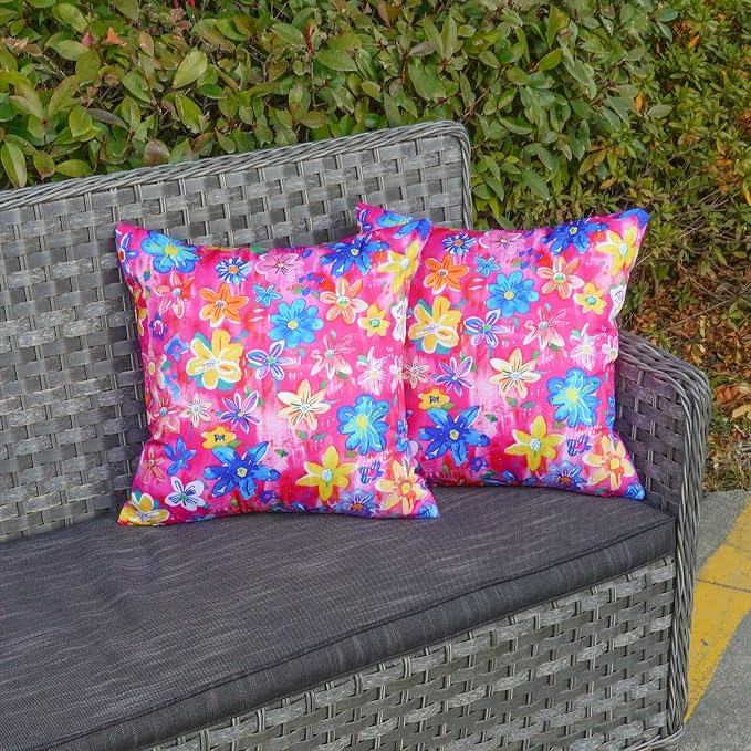 ONWAY Outdoor Floral Pillow Covers 18X18 inch Set of 2 Waterproof Yellow and Blue Flowers Pink Decorative Throw Pillowcases for Patio Furniture Garden Spring Summer Cushion Cover