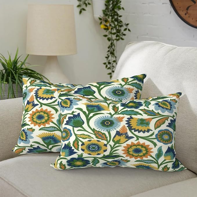 DYTXIII Pack of 2 Outdoor Waterproof Lumbar Pillow Covers ONLY, 12x20 Rectangle Decorative Double Printed Pillow Cases for Patio Couch Porch Furniture - Fiesta Floral