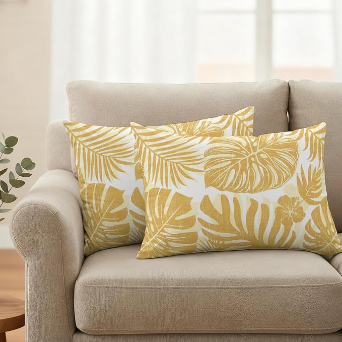 Yellow Palm Leaves Outdoor Pillow Covers 20"x12" Set of 2, Tropical Botanical Minimalist Modern Waterproof Throw Pillow Covers for Patio Furniture, Decorative Cushion Covers for Porch