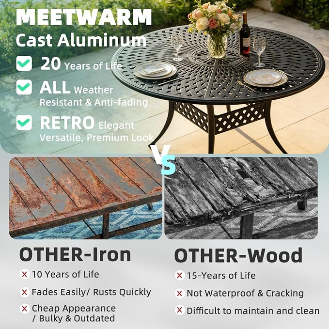 MEETWARM Outdoor 61" Round Patio Dining Table, All Weather Cast Aluminum Large Patio Furniture Table Fits for 6-8 Person with 2" Umbrella Hole, Dark Bronze