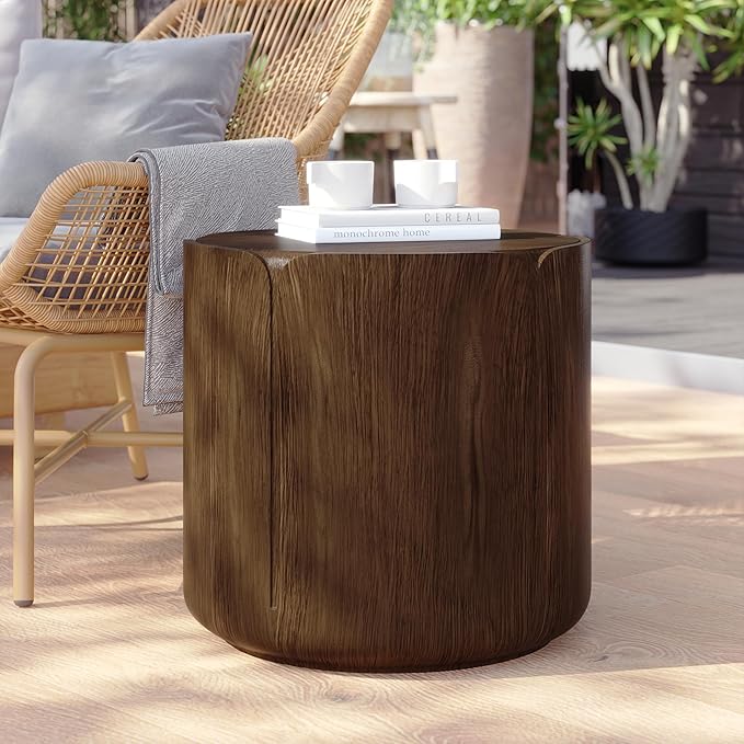 19.29" H Round Outdoor Indoor Side Table, Modern Wood Grain Patio Garden Stool, Sturdy MGO Waterproof, No-Assembly Table for Patio, Garden, Backyard, Living Room